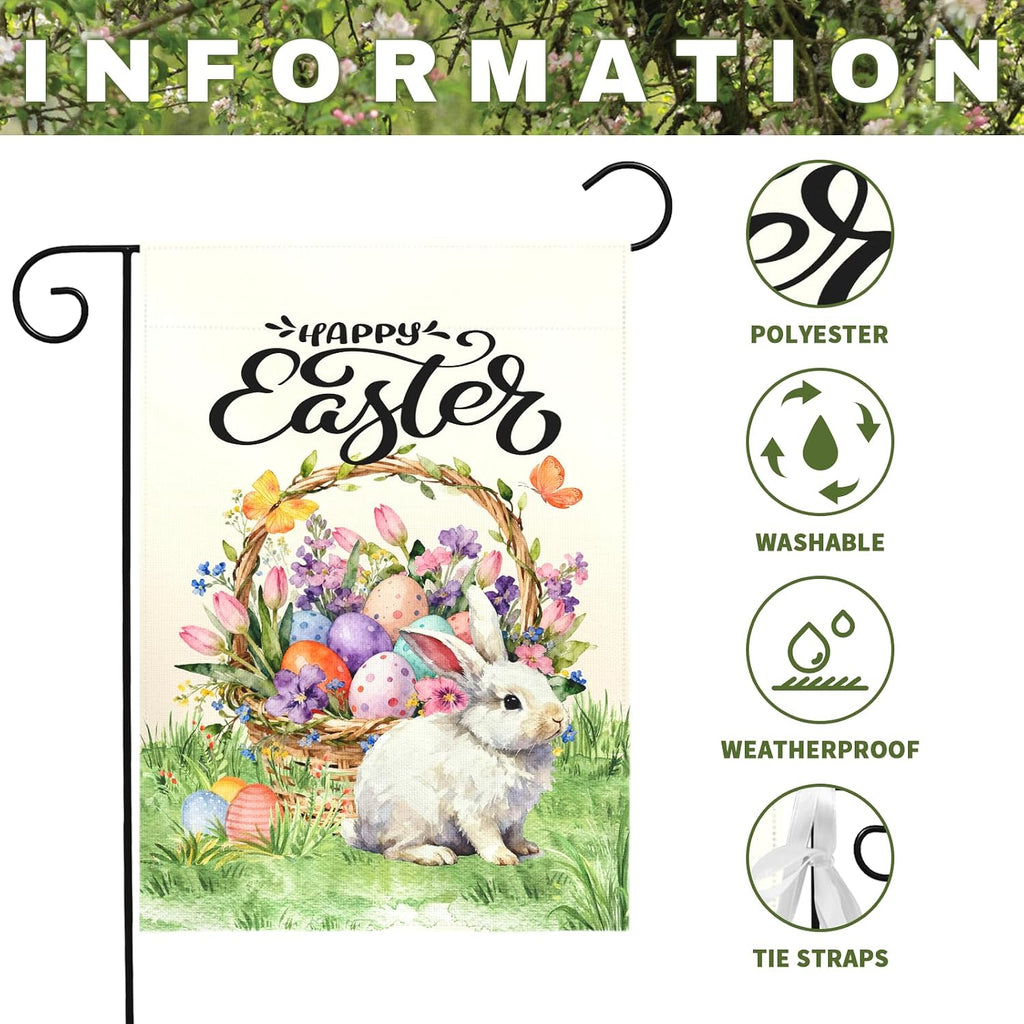 Happy Easter Garden Flag with Bunny Basket Spring Tulips Wildflowers Eggs Cute Rabbit Yard Flags Double Sided Welcome