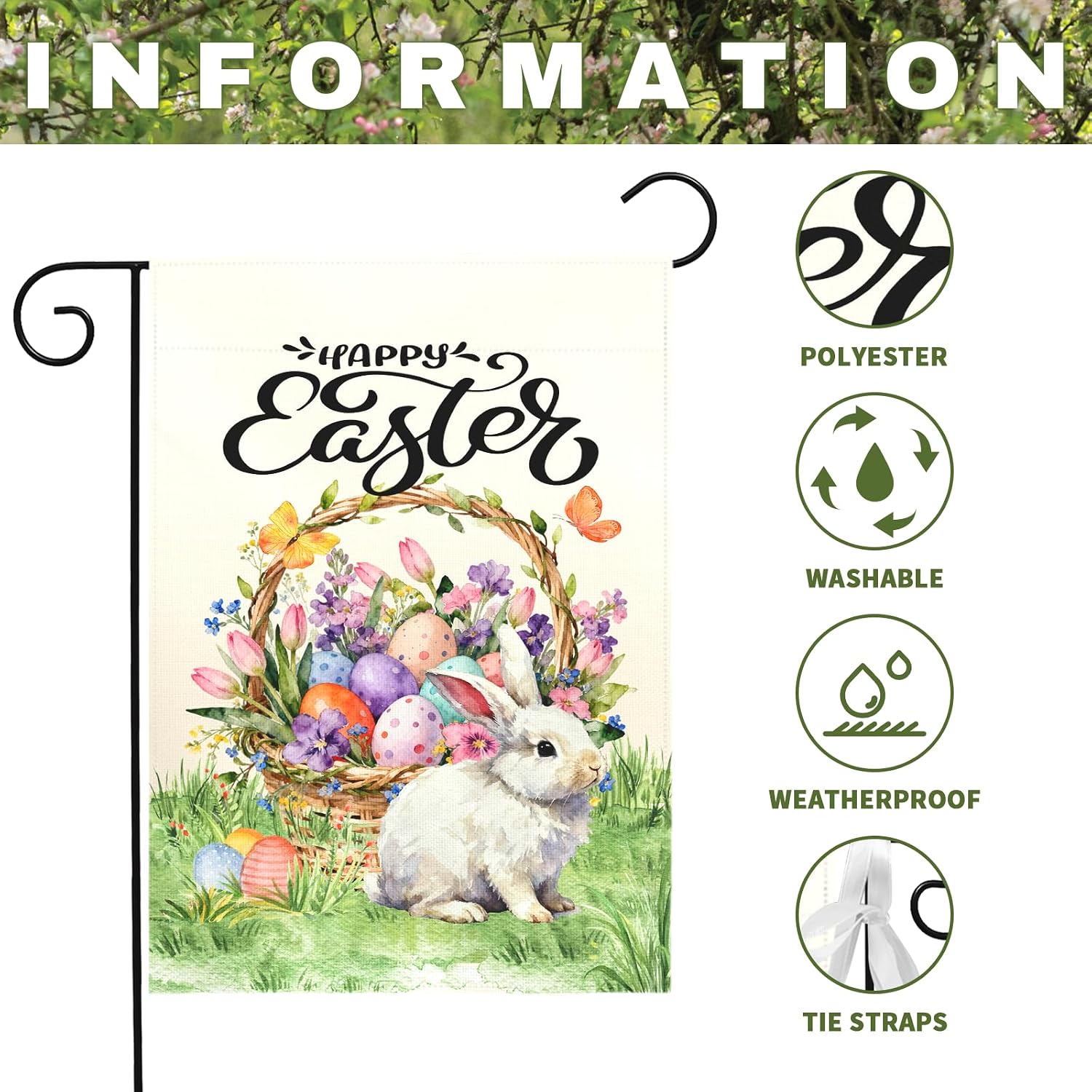 Happy Easter Garden Flag with Bunny Basket Spring Tulips Wildflowers Eggs Cute Rabbit Yard Flags Double Sided Welcome