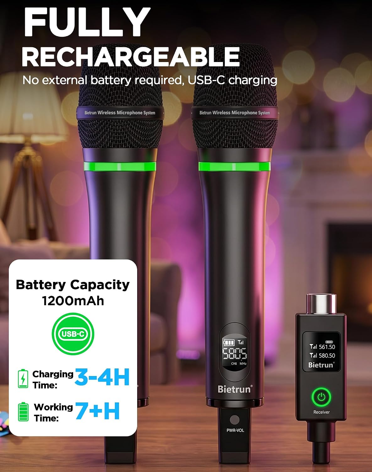 XLR Wireless Microphone, Rechargeable Dual Metal Cordless Handheld Dynamic Mics for Mixer, Audio Interface, PA