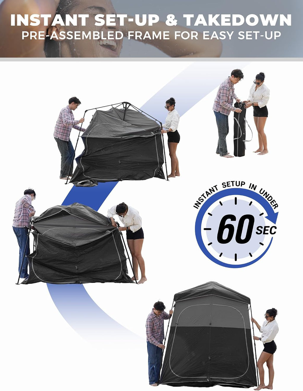 Instant Shower Tent, Portable Superior Stable Privacy Shelter, 2 Large Rooms Outdoor Toilet Tent with Floor for