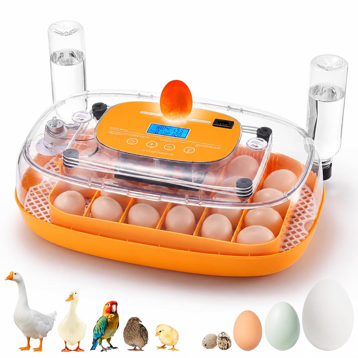 Incubator for Hatching Eggs, Automatic Turning, Temperature & Humidity Control, Built-in Candler, 360° Viewing, 24