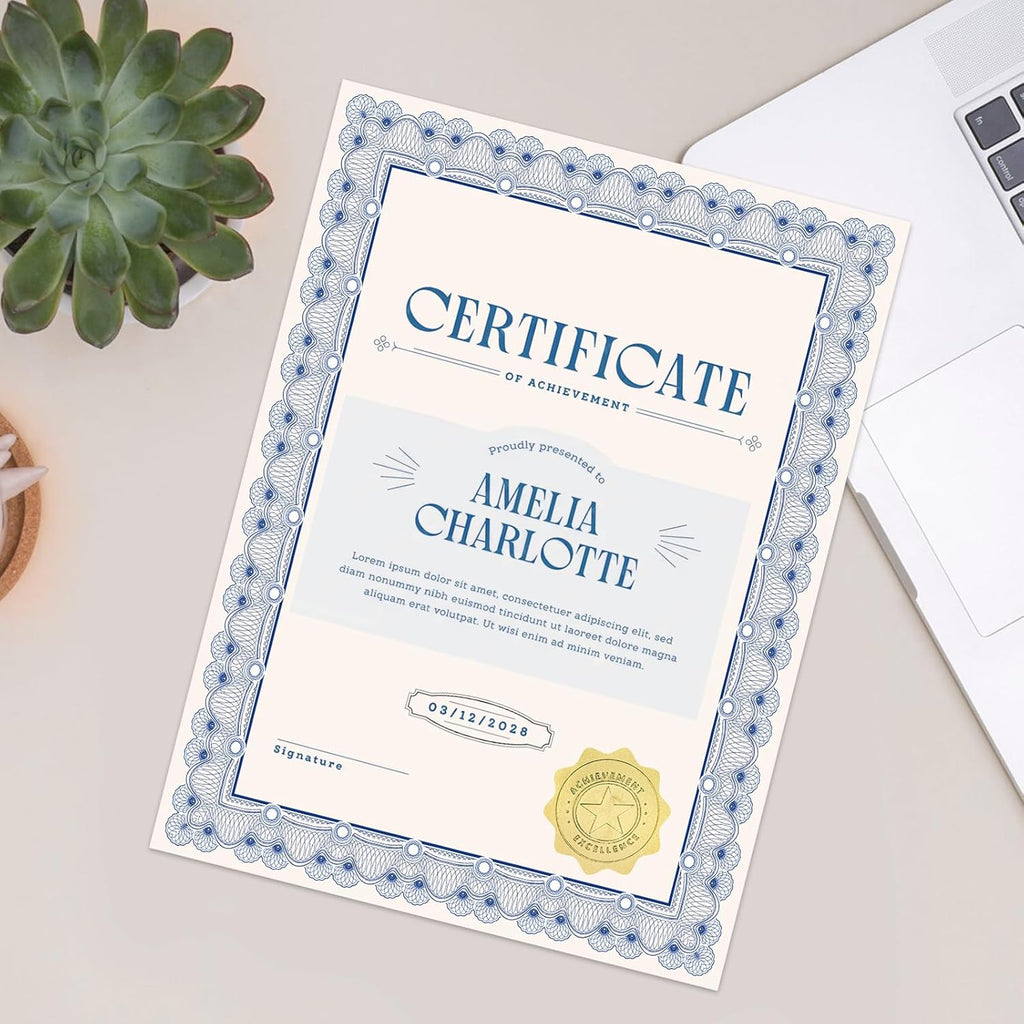 100 Sheets Certificate Paper with Gold Seals, 8.5 x 11 in, Navy Blue Border | 180Gsm Printable Cardstock, Compatible