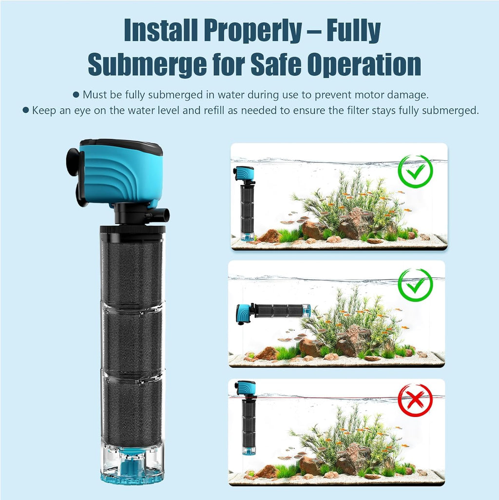 Submersible Aquarium Filter, Upgraded 100-300 Gallon Fish Tank Filter with Fish Guard, Internal Quiet Pump for Turtle