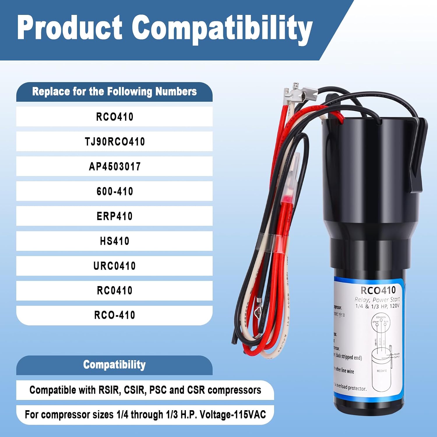 RCO410 3 in 1 Compressor Hard Start Capacitor Kit for Refrigerators | For Freezers, 1/4-1/3 HP, 115V, 2 Pack