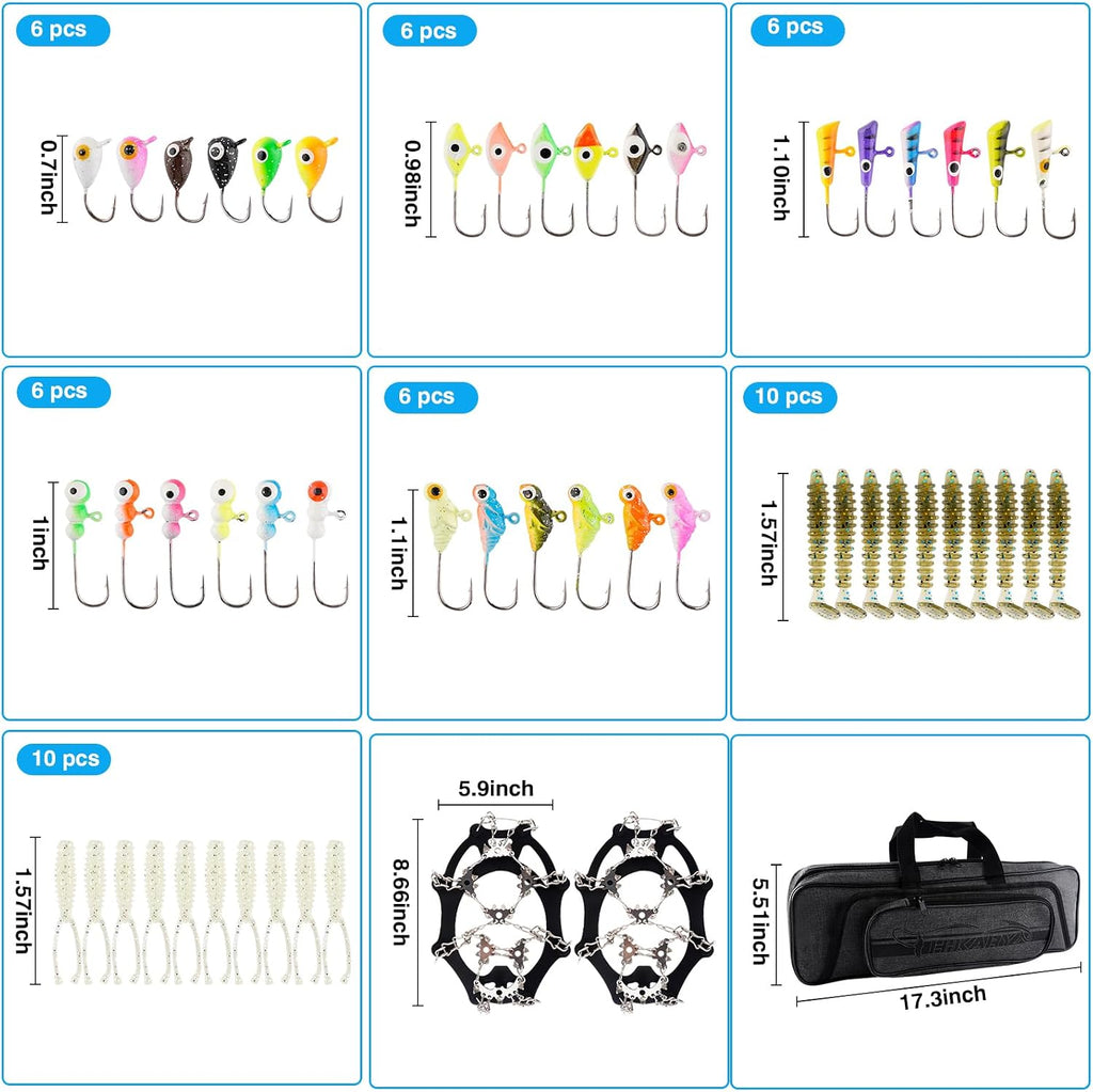 Ice Fishing Rod and Reel Combo Set Carbon Portable Complete Kit | with Tackle Bag Ice Jigs Ice Cleats Spinning Reels