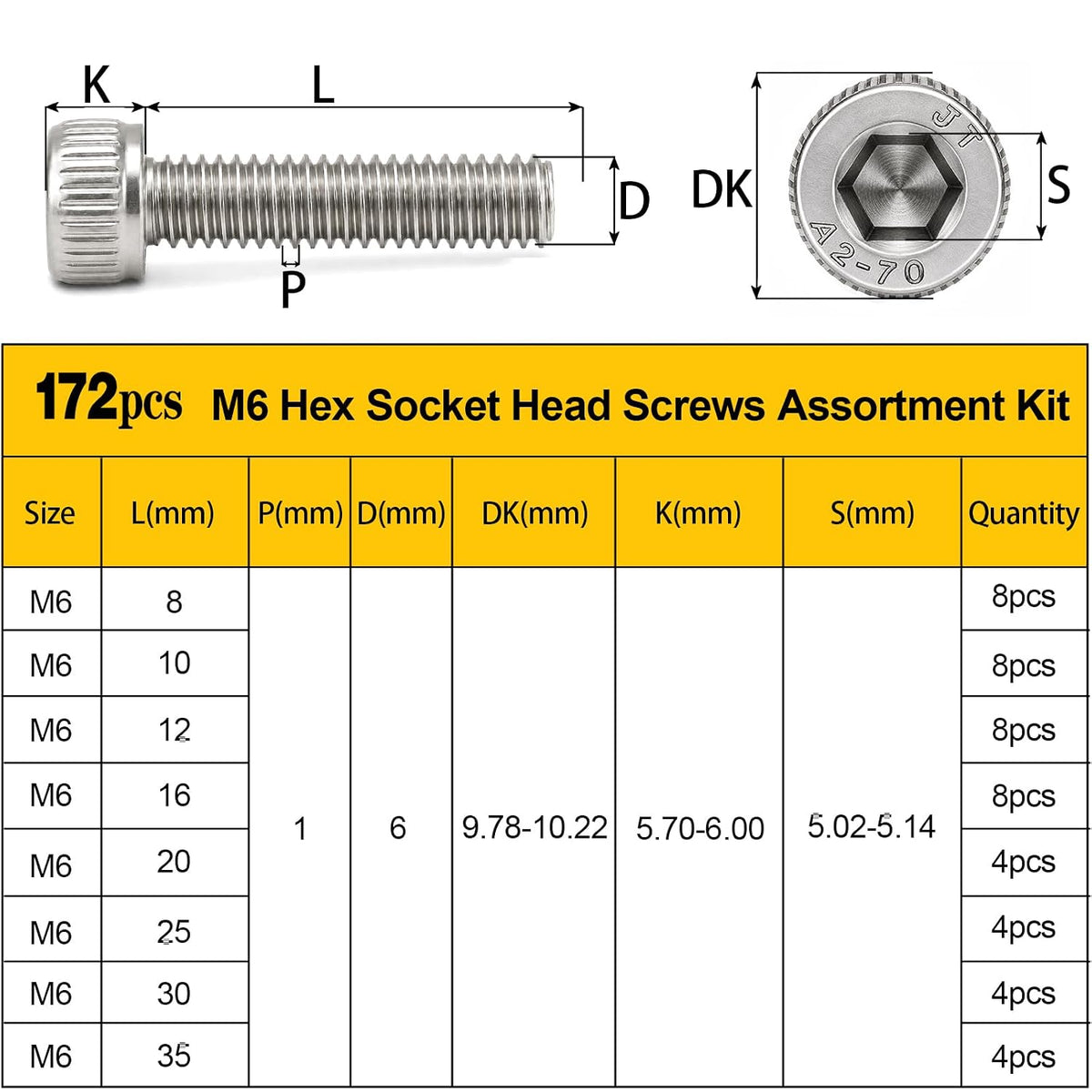 172PCS M6 Socket Screws Assortment Kit, M6x8/10/12/16/20/25/30/35 mm
