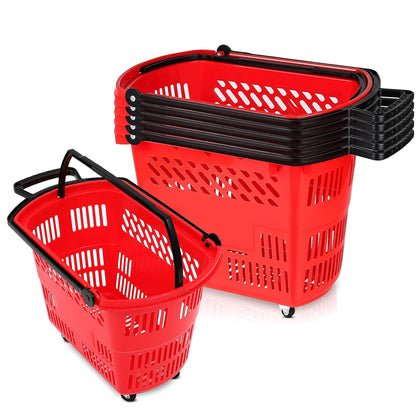 Red Shopping Carts with Wheels, 6PCS 35L Portable Shopping Baskets | Grocery Basket with Handles for Supermarket