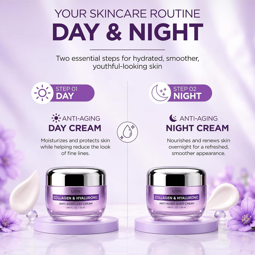 Collagen & Hyaluronic Acid Face Moisturizer, Hydrating Day &Night Cream Duo