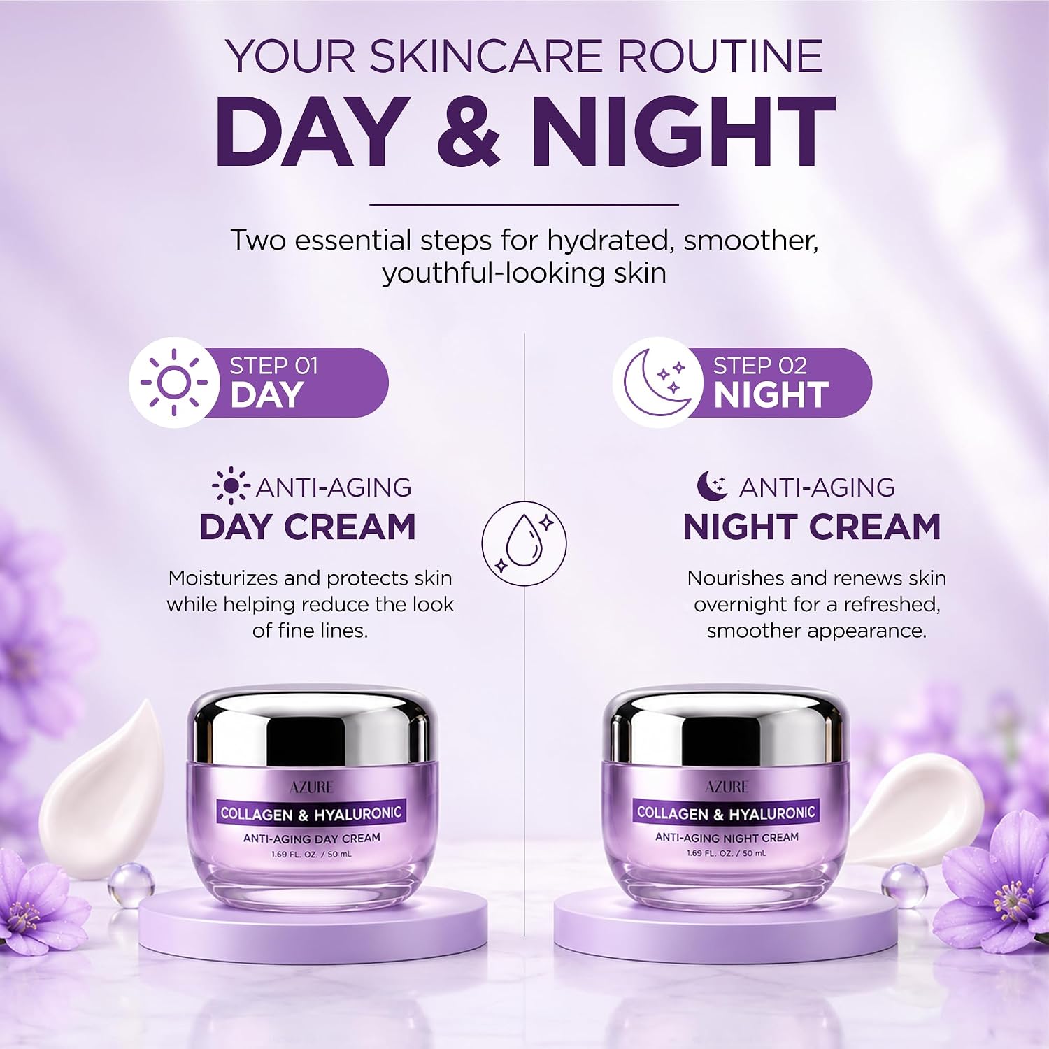 Collagen & Hyaluronic Acid Face Moisturizer, Hydrating Day &Night Cream Duo