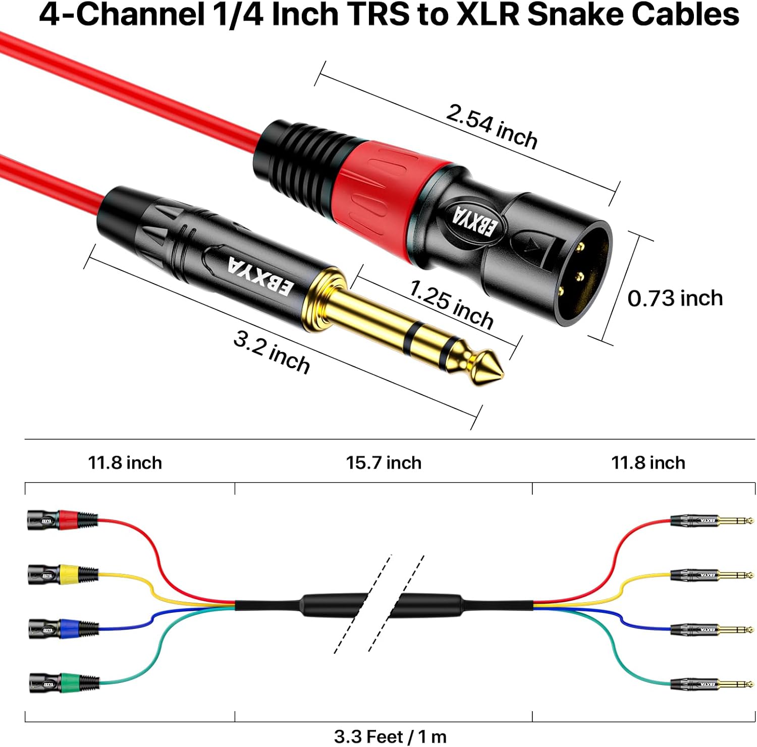 4 Channel XLR Male to 1/4 Inch TRS Snake Cables,Recording Snake Cable | 6.35mm Male Jack Stereo Audio Balanced Line