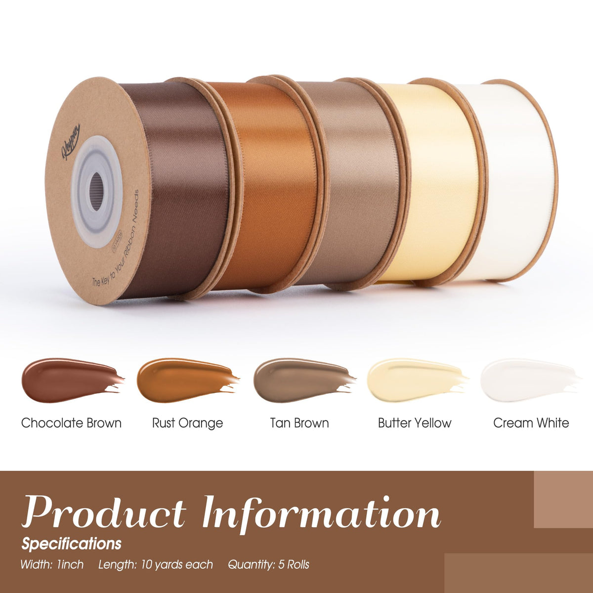 Brown Satin Ribbon Set 1" x 50 Yards, 5 Rolls