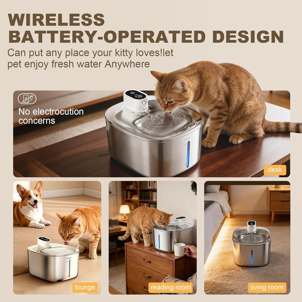 Wireless Cat Water Fountain Stainless Steel,4.2L Cordless Pet Fountains for Dringking,4000mah Battery Operated Cat
