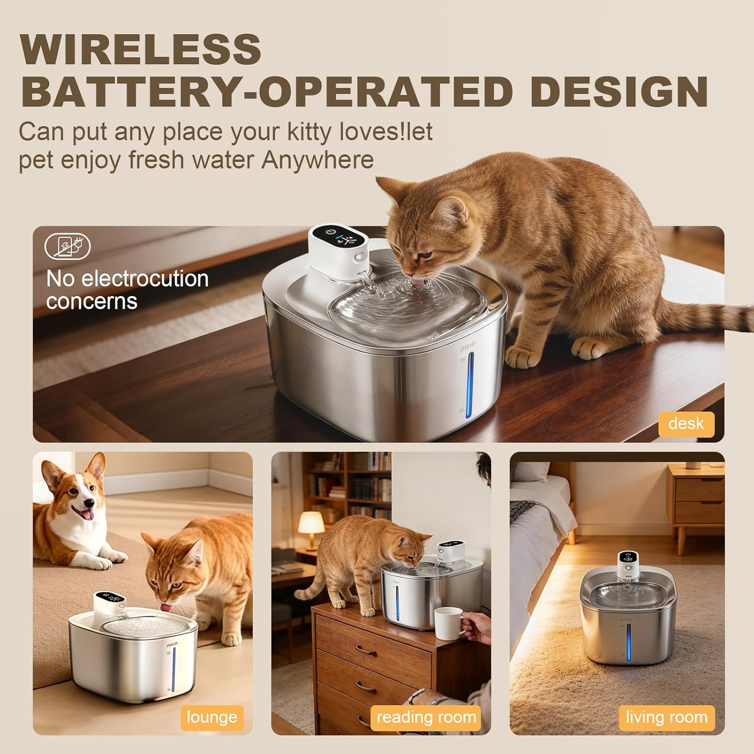 Wireless Cat Water Fountain Stainless Steel,4.2L Cordless Pet Fountains for Dringking,4000mah Battery Operated Cat