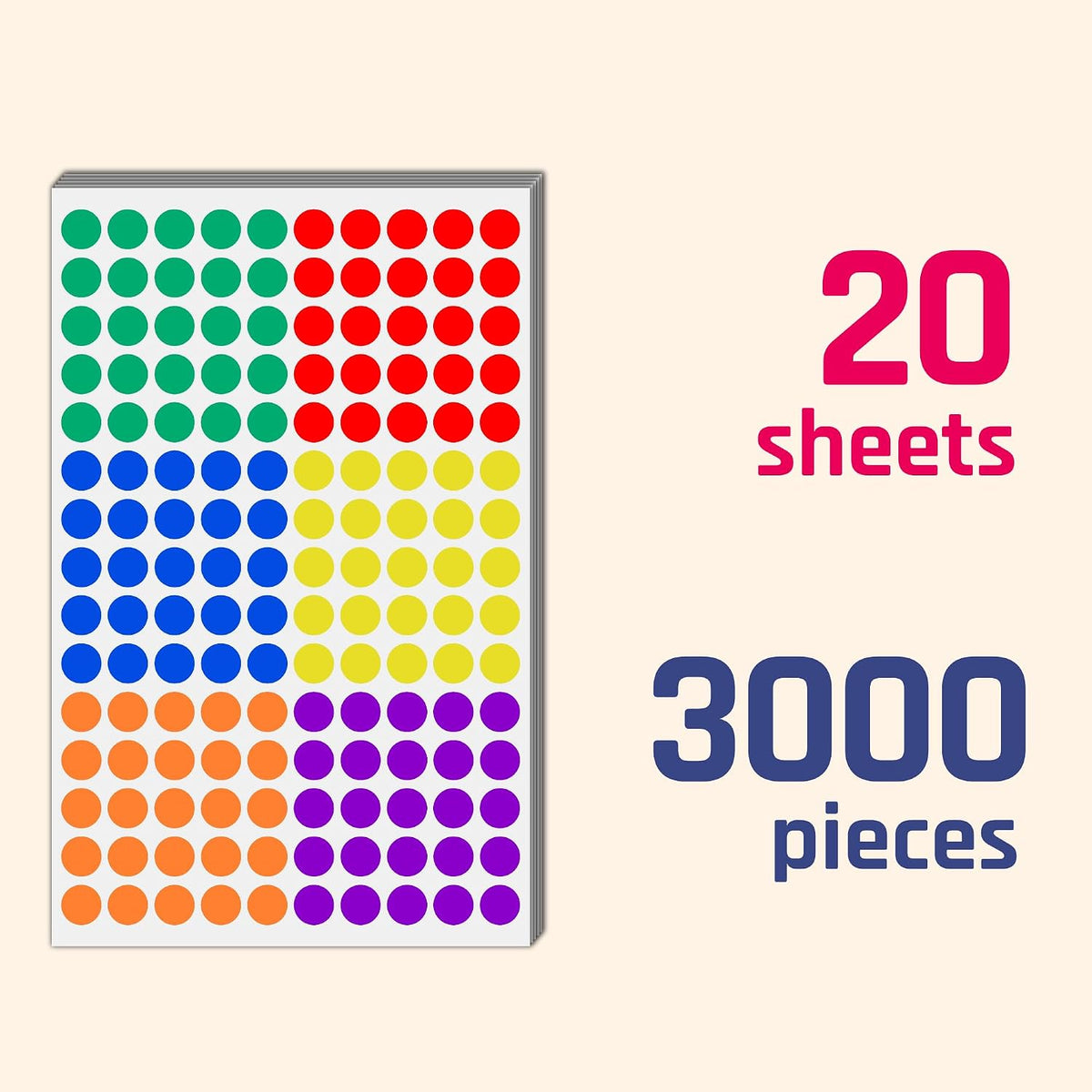 3000 Pieces, 1/2" - Colored Dot Stickers, Round Labels - 6 Colors