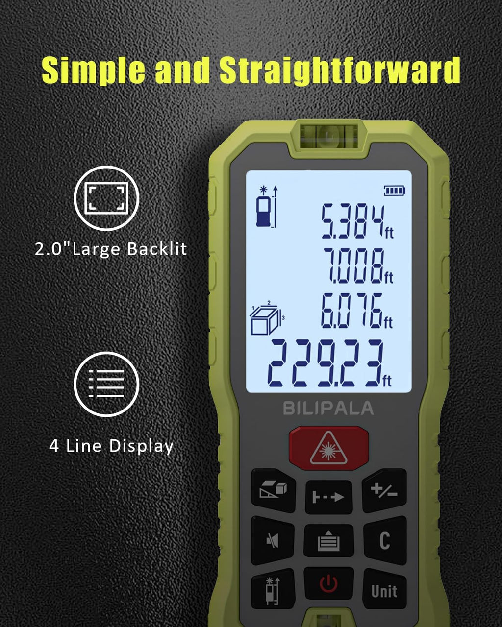 Laser Measure, 165ft Digital Laser Distance Meter with 2 Bubble Levels, 2" Backlit LCD, High Precision Laser