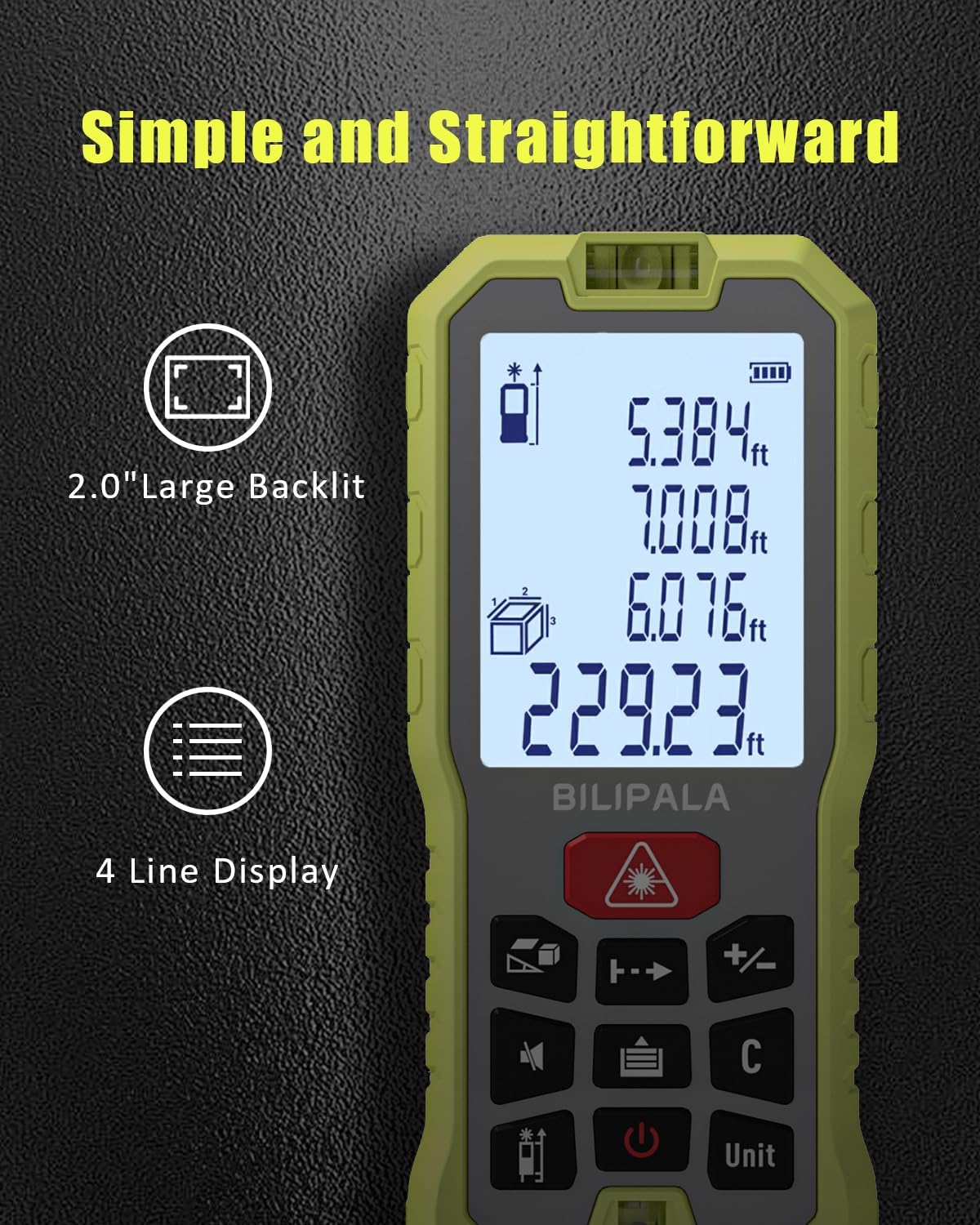 Laser Measure, 165ft Digital Laser Distance Meter with 2 Bubble Levels, 2" Backlit LCD, High Precision Laser