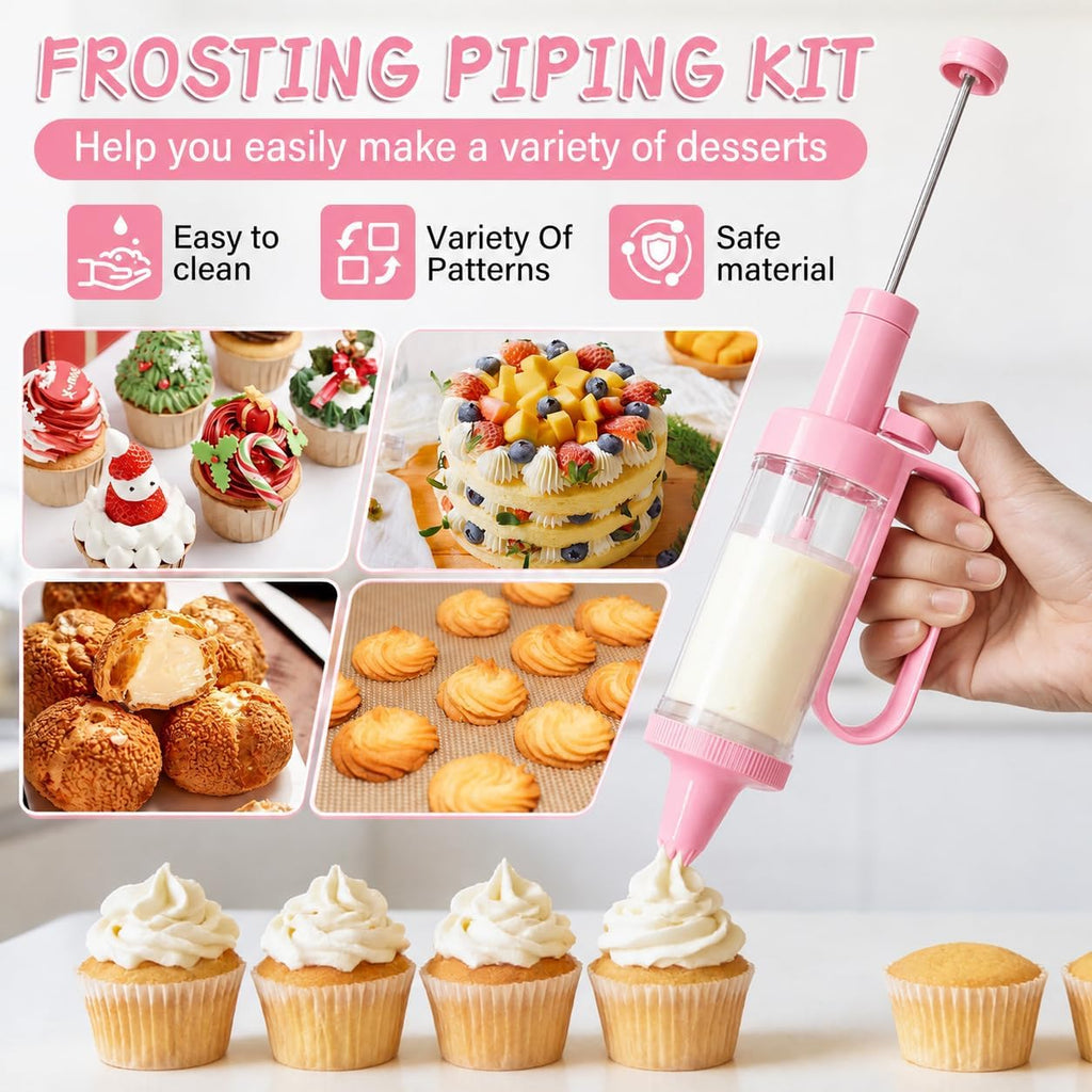 Plastic Cream Squeeze and Icing Set with 6 Piping Tips for Cupcakes(Pink)