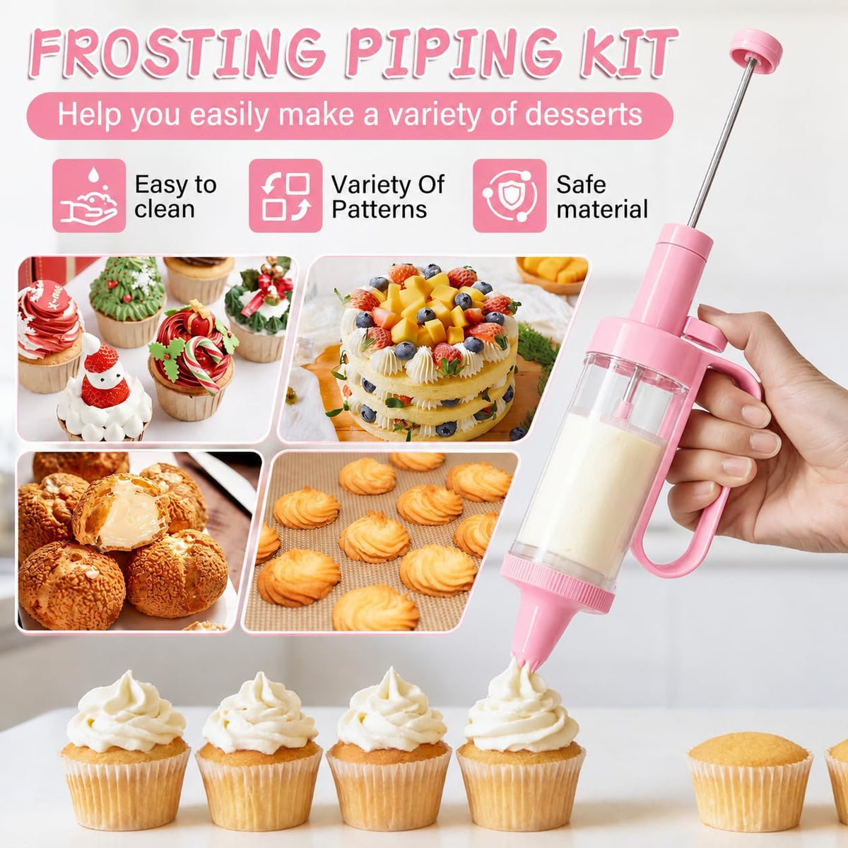 Plastic Cream Squeeze and Icing Set with 6 Piping Tips for Cupcakes(Pink)