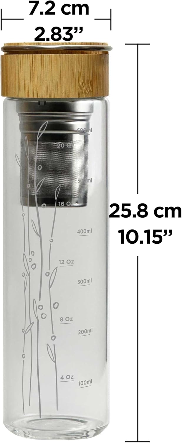 23 oz Glass Water Bottle with Infuser and Bamboo Lid Stainless Steel Handle - Tea Infuser Bottle
