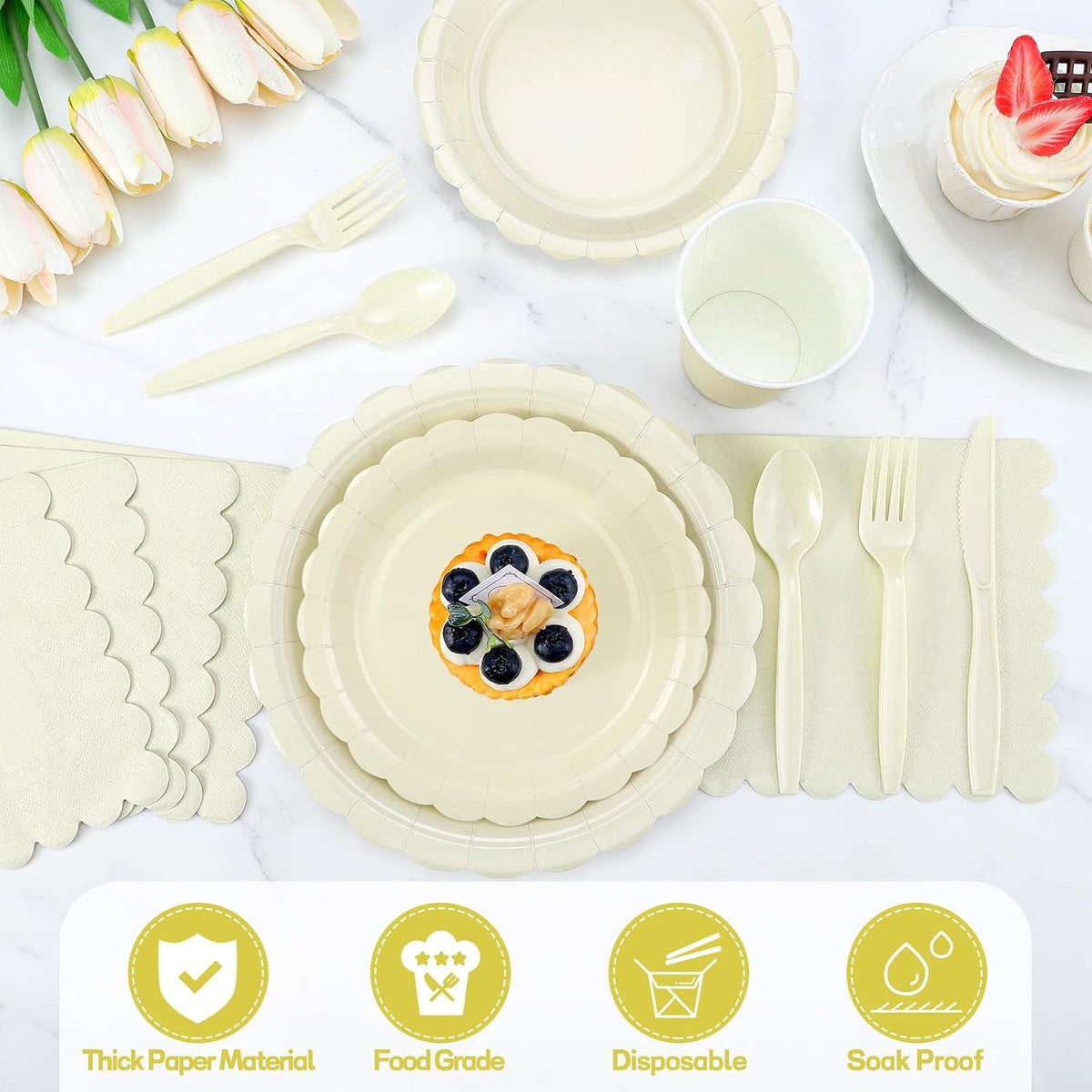 50 Set Disposable Dinnerware Sets Ivory Scalloped Plates Napkins
