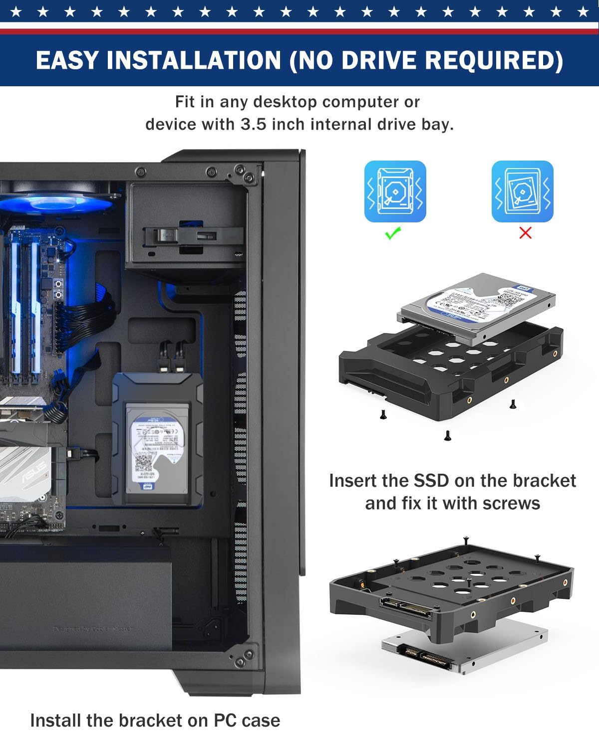2.5'' SSD SATA to 3.5'' Hard Drive Adapter SSD Mounting Bracket Kit 1 Pack Internal SSD Desktop Adapter Hard Disk