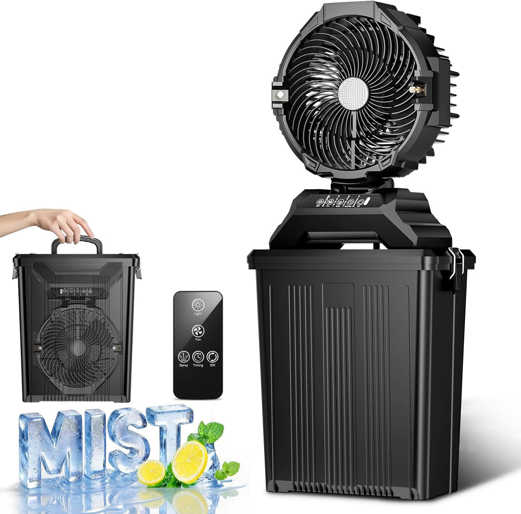 Portable Misting Fan for Outside, 70Hrs Camping Mister Fan,15L Cooling Fan with Remote, Ice Fan with 4 Spray Speeds,4