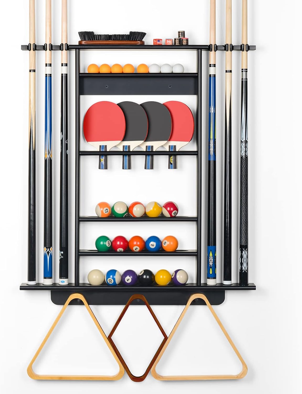 Pool Cue Rack Wall Mount, Billiard & Ping Pong Paddle Storage Organizer | 2-in-1 Game Room Organizer Holds 6 Pool