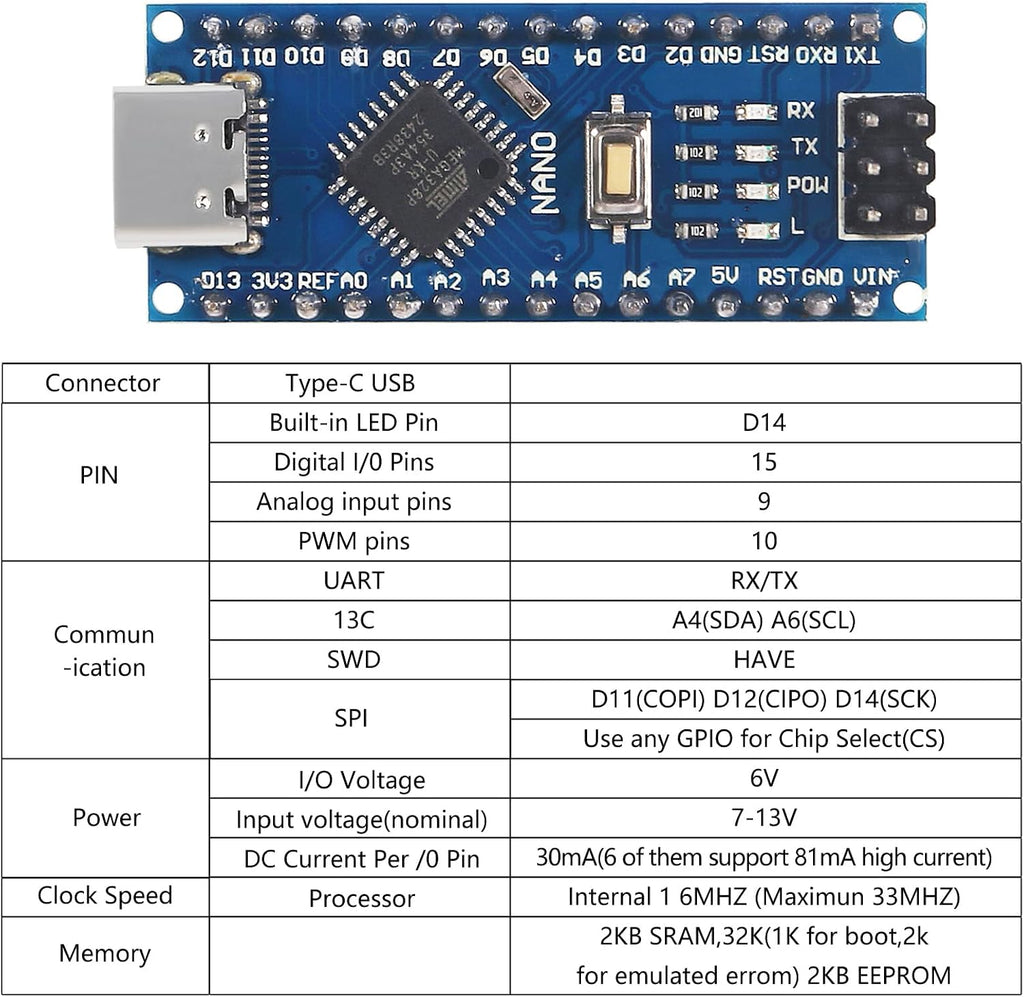 10PCS USB C Nano V3.0 Board, ATmega328P, CH340G Chip 5V 16M, Microcontroller Compatible with Arduino