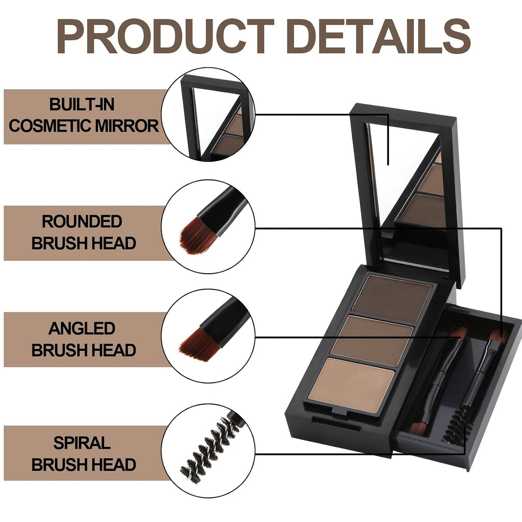 3 Colors Eyebrow Makeup Kit, Professional Brow Contour Palette, Waterproof Long-lasting Eyebrow Filler Powder with
