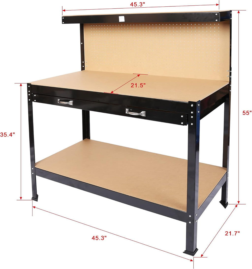 45" Heavy-Duty Steel Workbench with Pegboard & Storage Drawer | Garage Workshop Table with Bottom Shelf | Tool