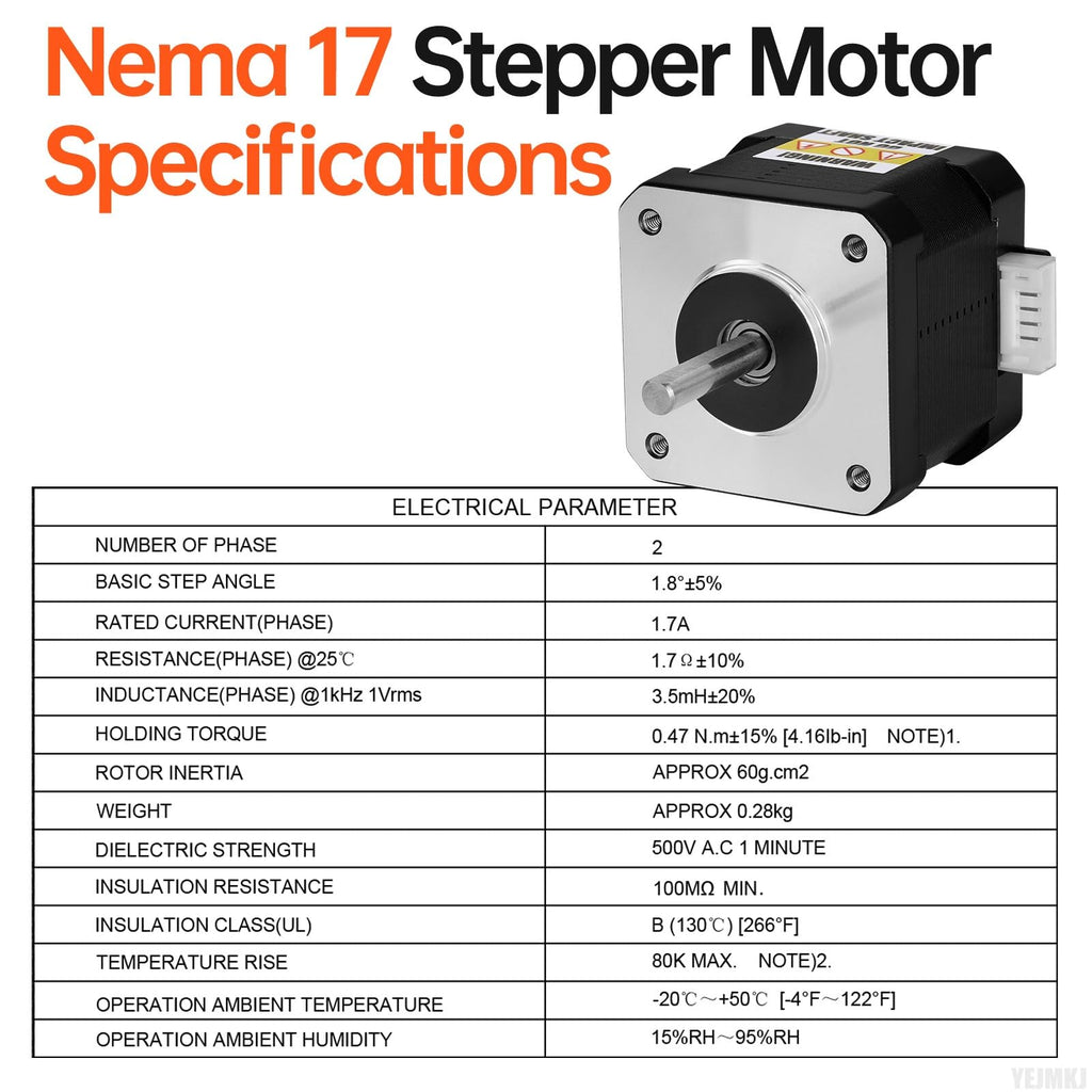 YEJMKJ Nema 17 Stepper Motor 42x38mm 0.47Nm (66.56oz·in) 1.7A 1.7Ω Bipolar
