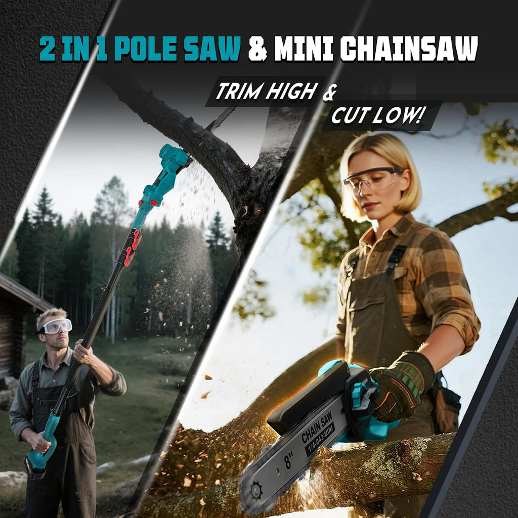 2-in-1 Cordless Pole Saw & Mini Chainsaw with Extension Pole | Electric Handheld Chain Saw with 2×21V 4.0Ah