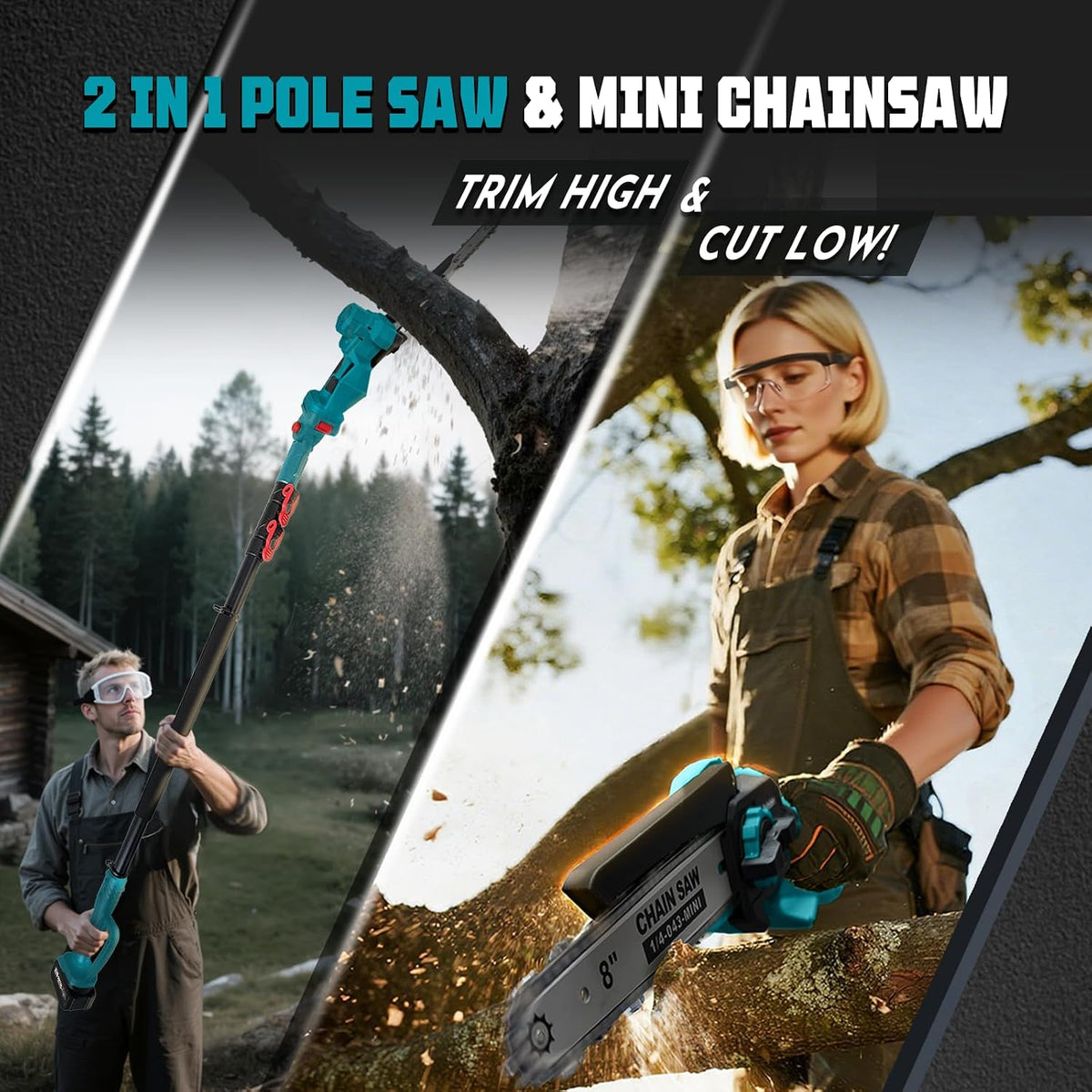 2-in-1 Cordless Pole Saw & Mini Chainsaw with Extension Pole | Electric Handheld Chain Saw with 2×21V 4.0Ah