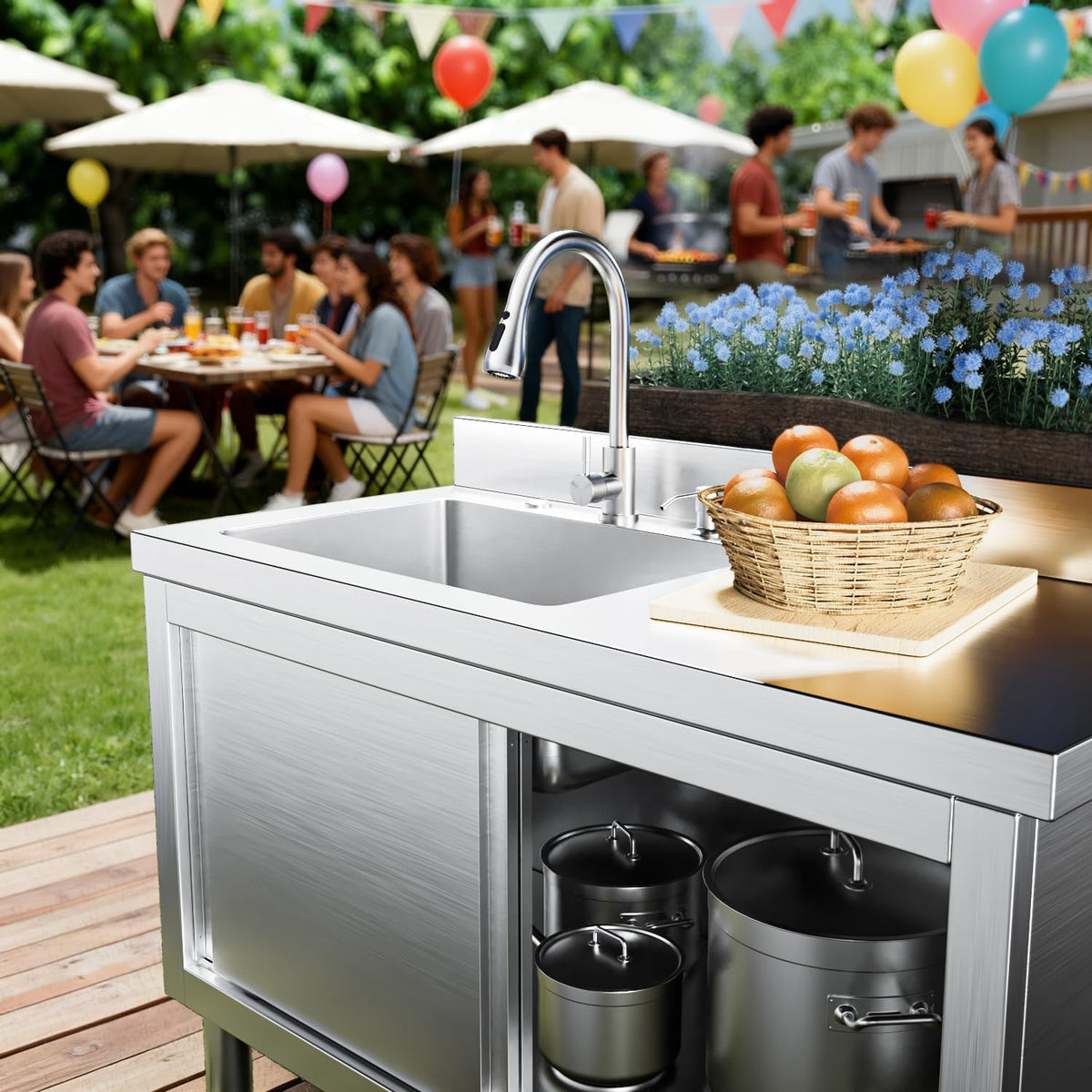 47" Utility Sink With Cabinet, 304 Stainless Steel, Outdoor Kitchen