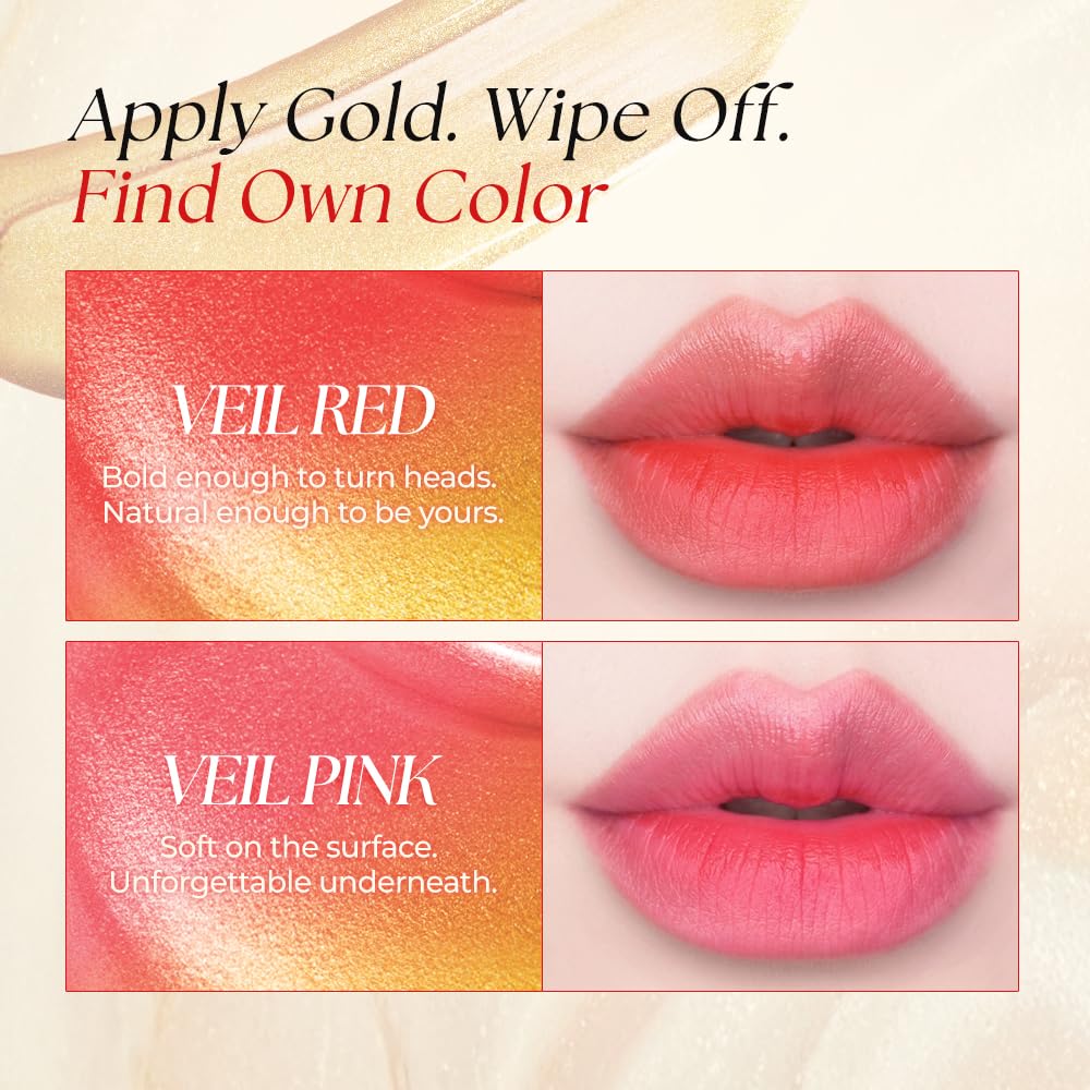 Gold Wipe-off 24H Lip Stain, Korean Buildable Lip Tint (Veil Pink)