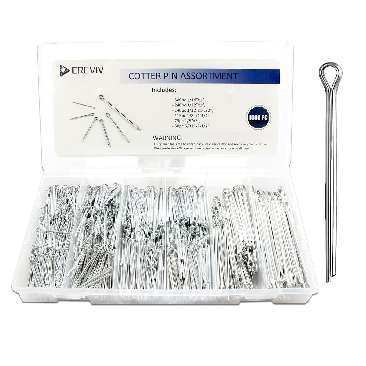 1000 pcs Cotter Pin Assortment Kit, 6 Sizes Split Pins (1/16" to 5/32")