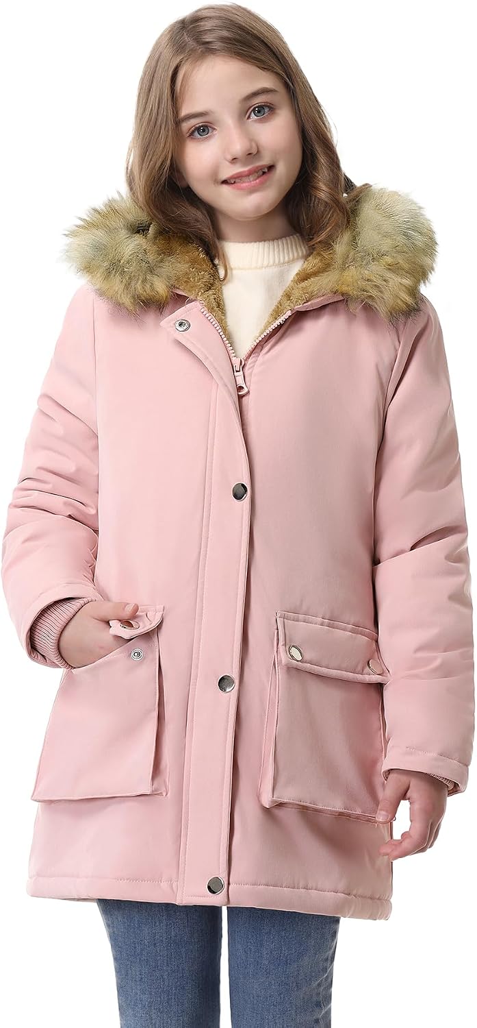 Girls' Warm Winter Coat Long Fleece Lined Puffer Jacket with Hood | Thicken Warm Parka, Removable Faux Fur Trim