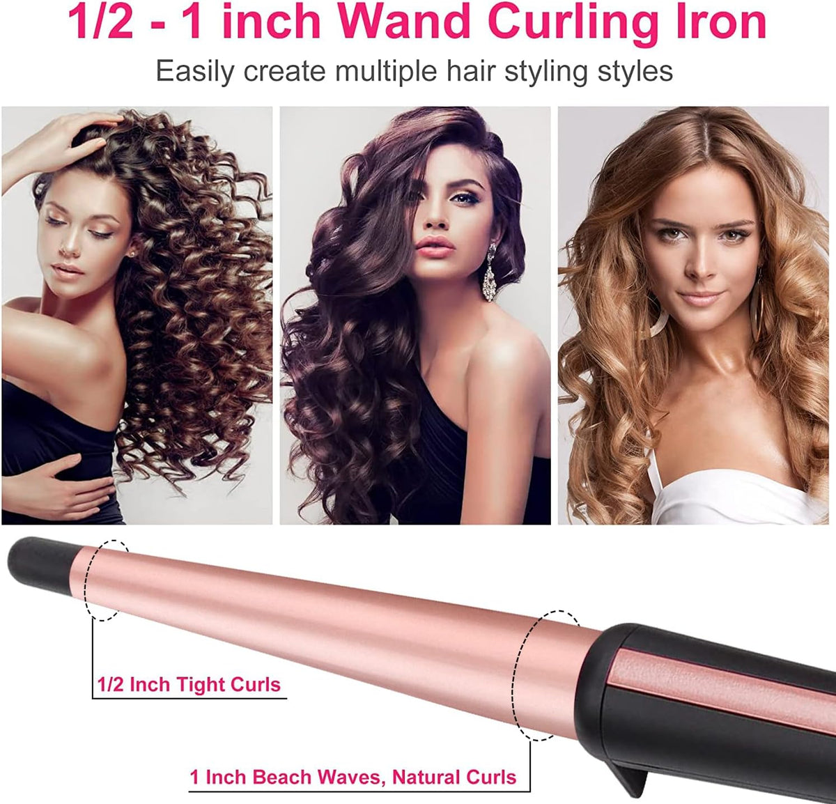Hair Curling Iron Wand 0.5-1",210℃ for Classic Curls&Natural Waves | Professional Ceramic Hair Curler with