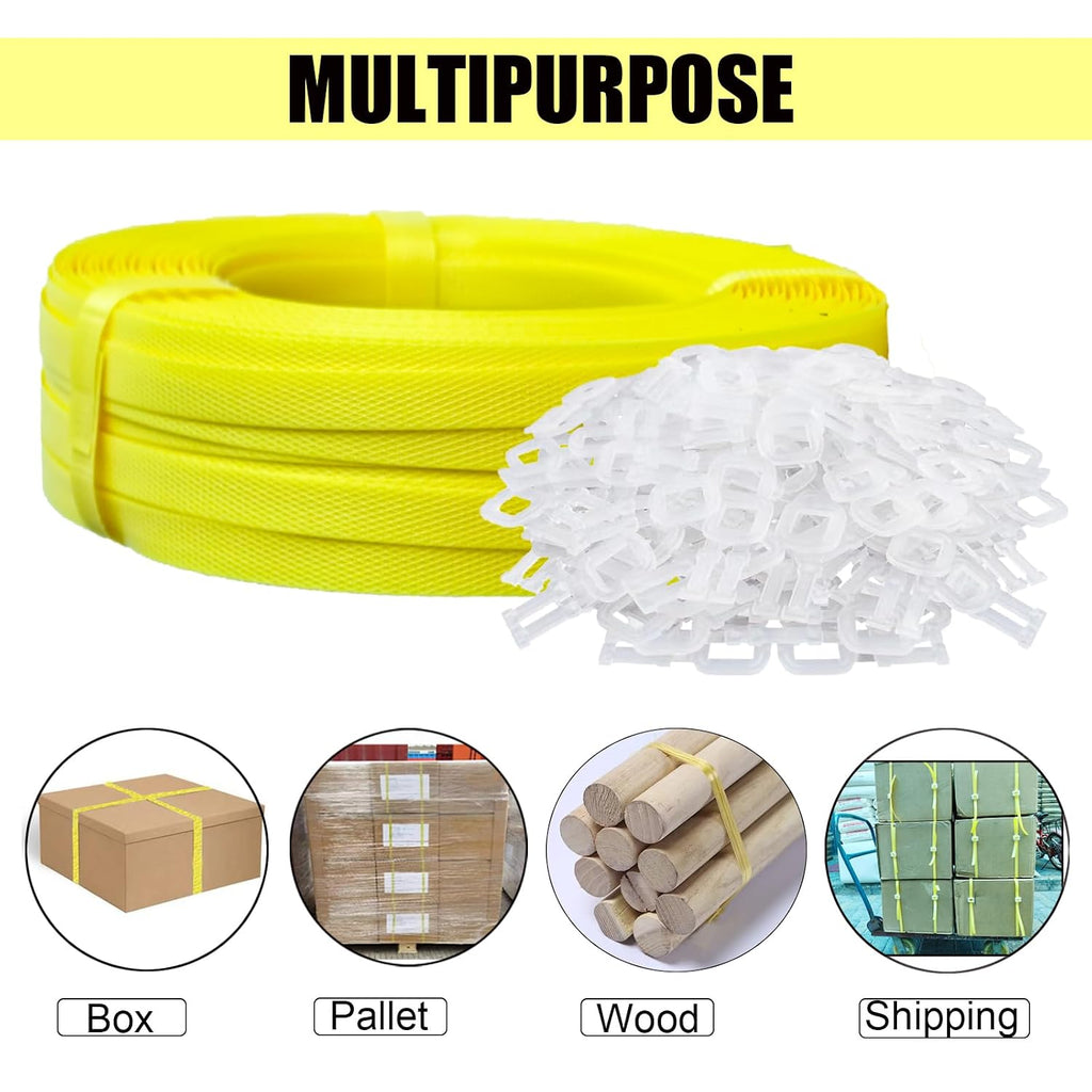 Banding Strapping Kit, Packaging Strapping Tool, Yellow | 5900" Length Poly Strapping, 100 Buckles