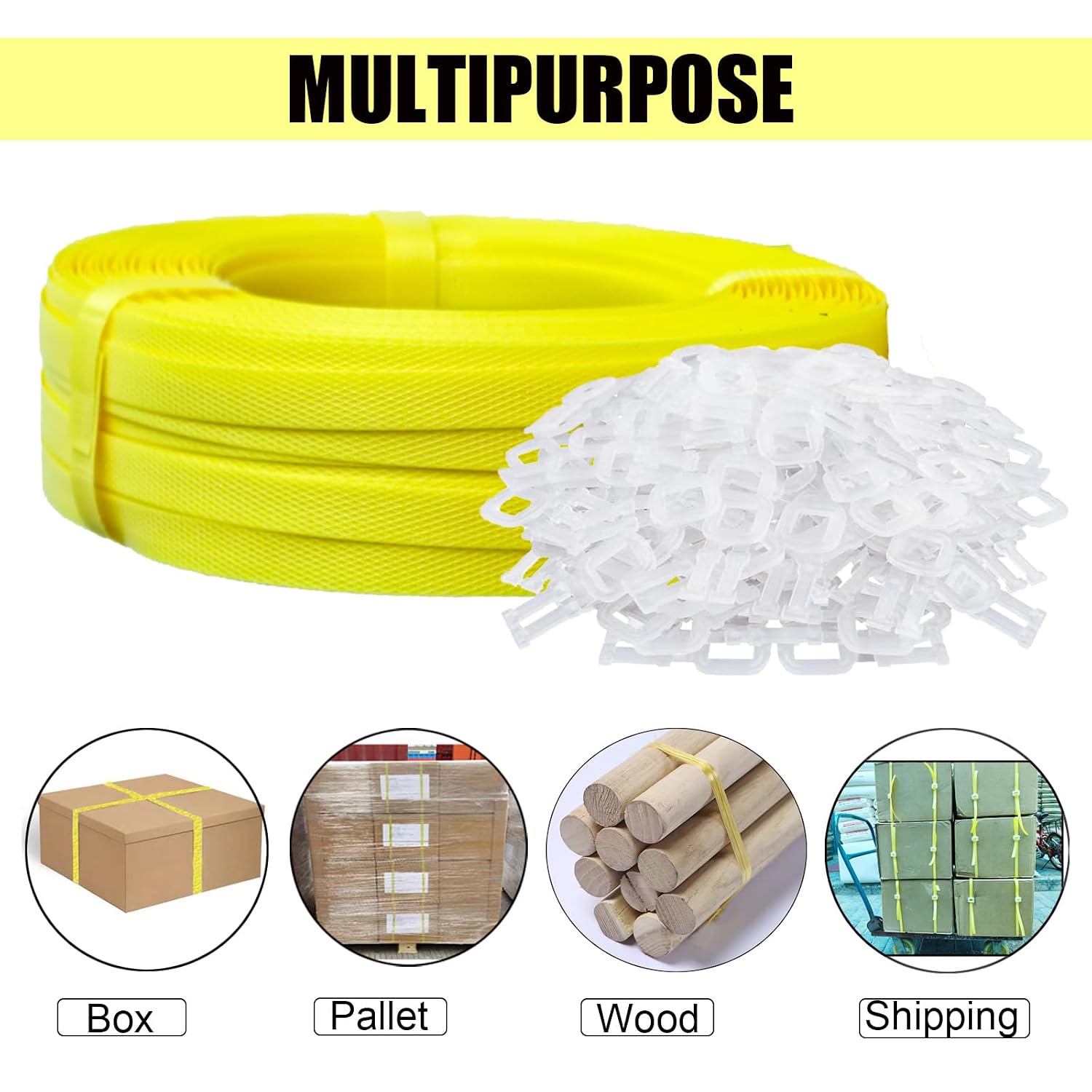 Banding Strapping Kit, Packaging Strapping Tool, Yellow | 5900" Length Poly Strapping, 100 Buckles