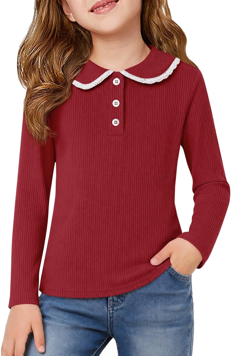 Girls Long Sleeve Polo Shirts Peter Pan Collar Knit Tops 5-14Y | Kids Ribbed Knit School Uniform Shirt, Cute Collared