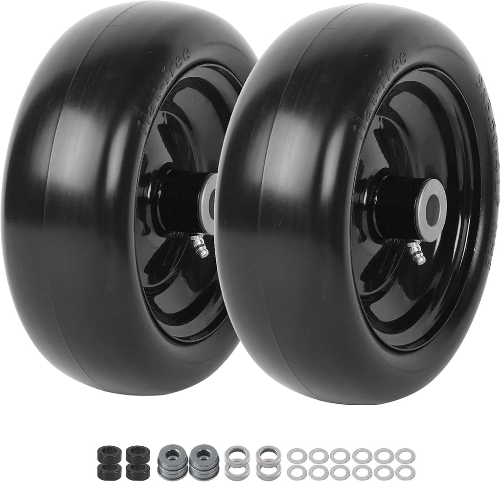 (2-Pack) 9x3.50-4” Flat Free Lawnmower Tire and Wheel Assemblies - PU Tire on Wheel and Adapter Kits with 3.5"