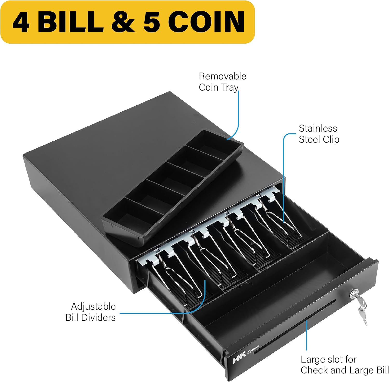 13inch Heavy Duty POS Cash Drawer with 4Bill/5Coin, Removable Coin Compartment, 24V, RJ11, Single Large Media Slot