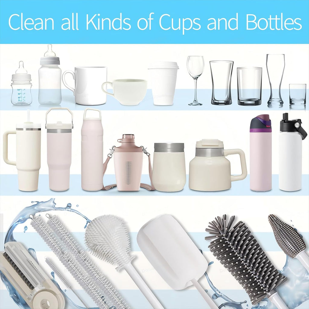 Bottle Cleaner Brush Set - 8 Pack Bottle Brushes for Cleaning | Gray for Owala, Tumbler, Sports Water Bottle, Wine Glass