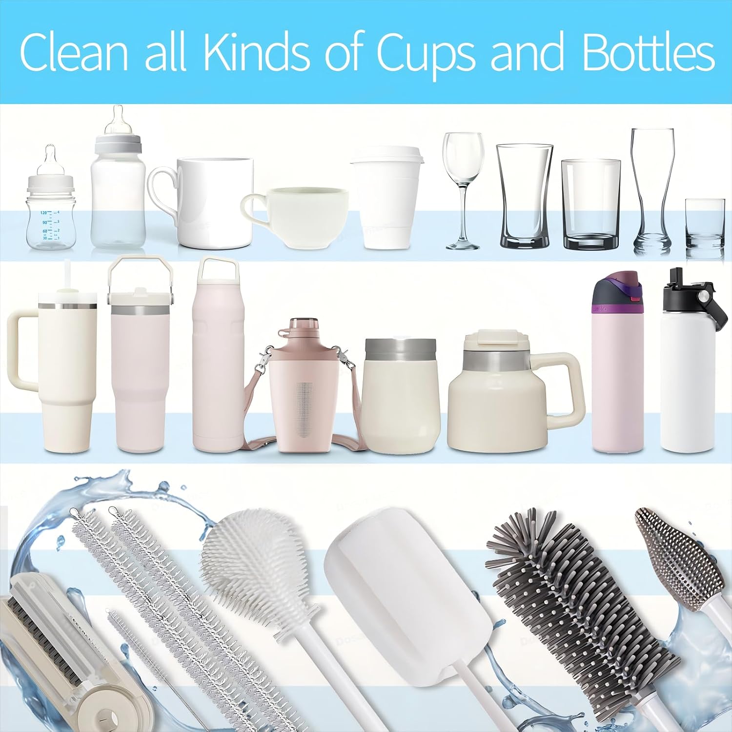 Bottle Cleaner Brush Set - 8 Pack Bottle Brushes for Cleaning | Gray for Owala, Tumbler, Sports Water Bottle, Wine Glass