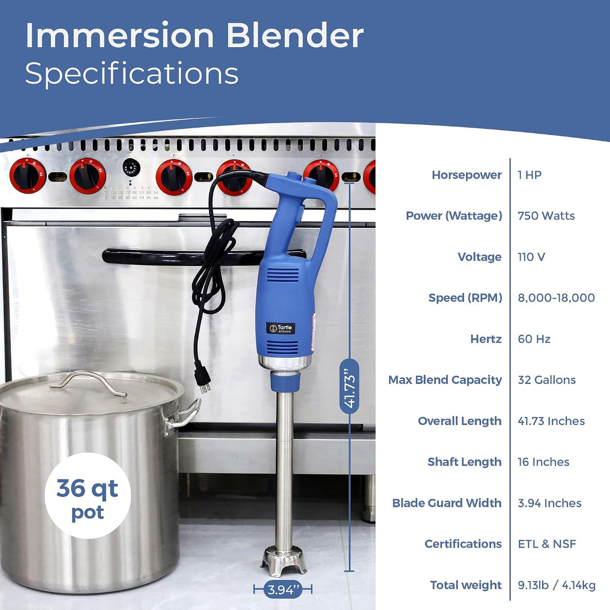 TK Commercial Immersion Blender 750W Heavy Duty for Restaurants - 16" Shaft
