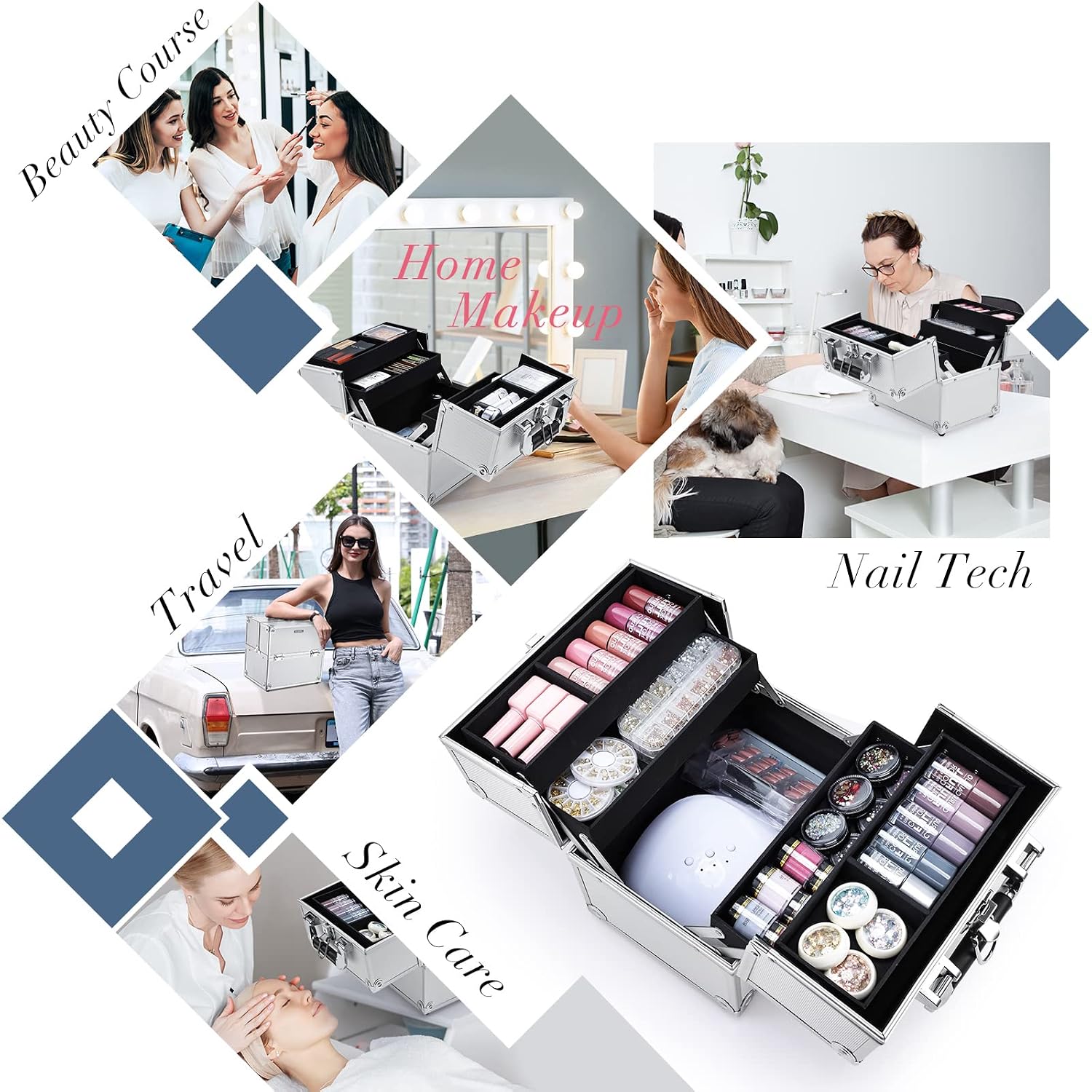 Makeup Train Case Makeup Organizer Box Portable Cosmetic Travel Case with Lock 4 Trays Aluminum Hard Vanity Box Make