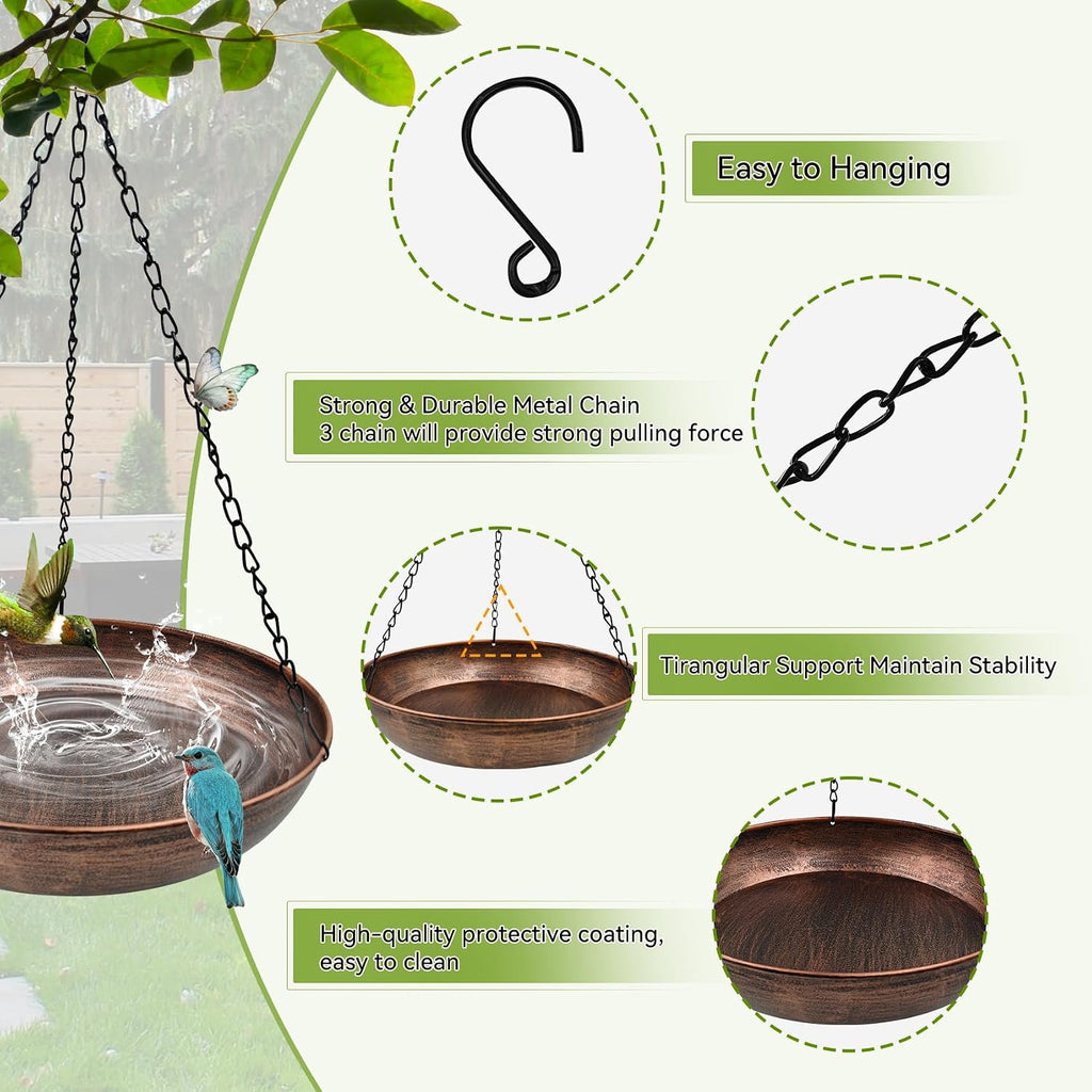 12" Metal Hanging Bird Bath with Chains and Hook