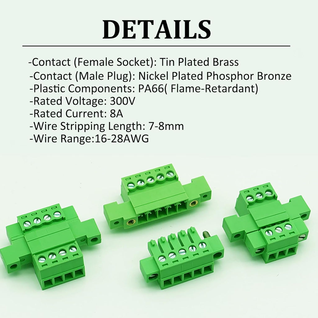2 Set 10 Pin 3.81mm Pitch Pluggable Terminal Block with Screw Locking Flange, Male Plug and Female Socket Phoenix Type Connector - 8A, 300V, 16-28AWG