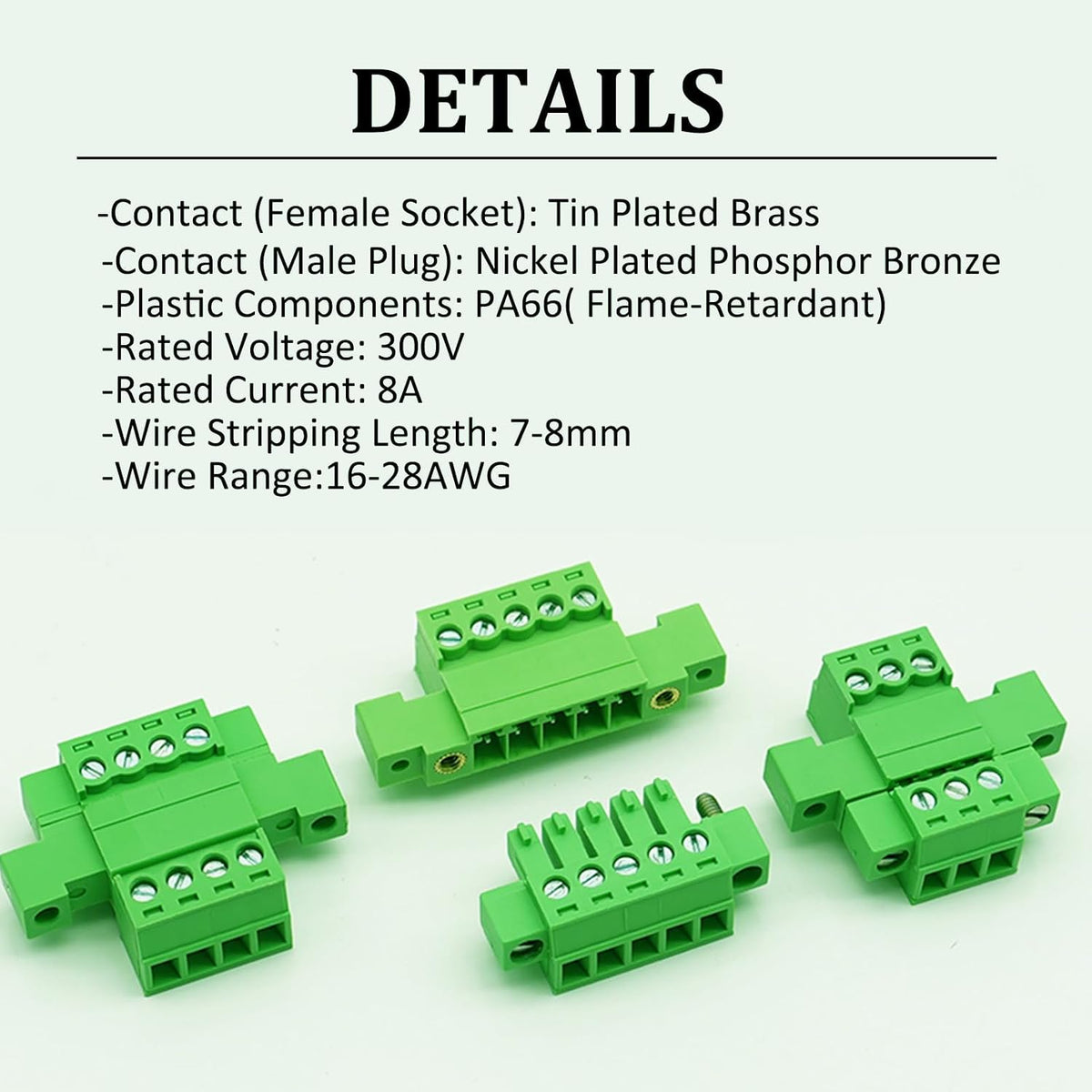 2 Set 10 Pin 3.81mm Pitch Pluggable Terminal Block with Screw Locking Flange, Male Plug and Female Socket Phoenix Type Connector - 8A, 300V, 16-28AWG